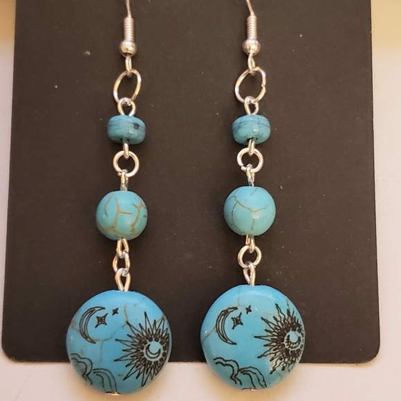 Handmade Jewelry - Handmade Boho Celestial Moon Star Turquoise Dangle Earrings